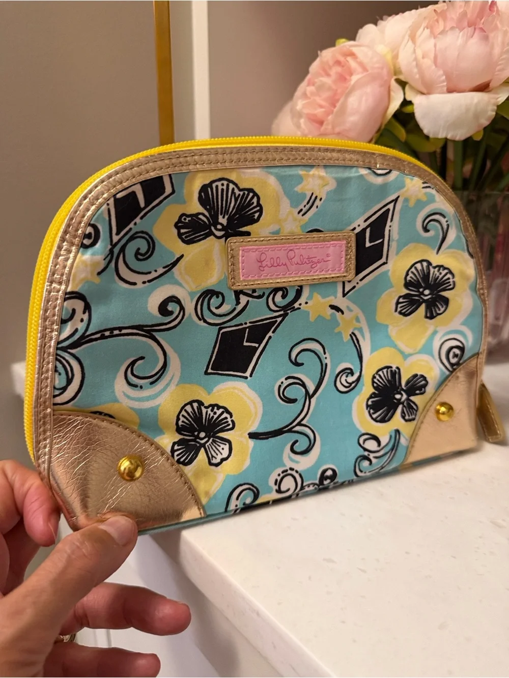 Lilly Pulitzer Turquoise Floral Cosmetic Pouch with Gold Accents